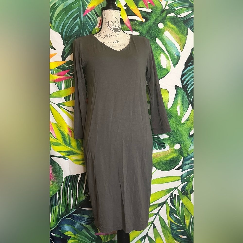 Eileen Fisher S Dark Grey Casual V Neck Viscose Comfy Weekend Casual Fall Dress